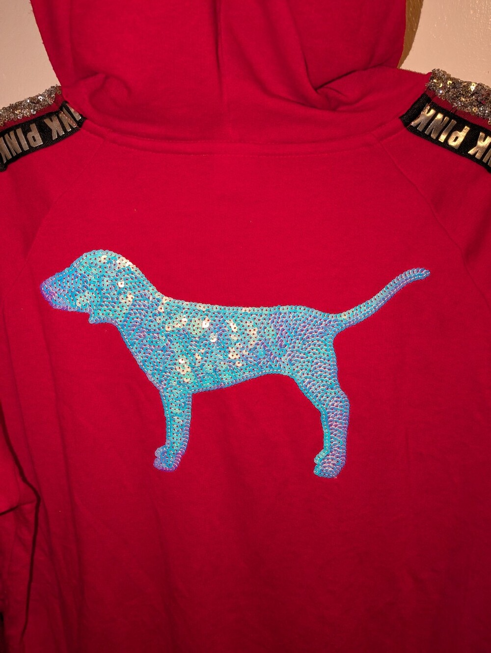 PINK Victoria's Secret Red Sequin-Trim Zip Hoodie with Logo Tape Size L - Picture 5 of 6